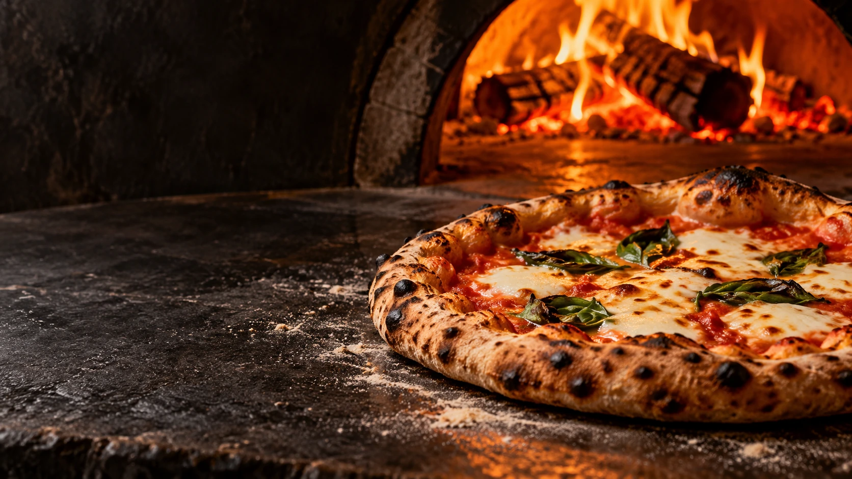 Pizza s opečeným okrajem před zářící pecí na dřevo